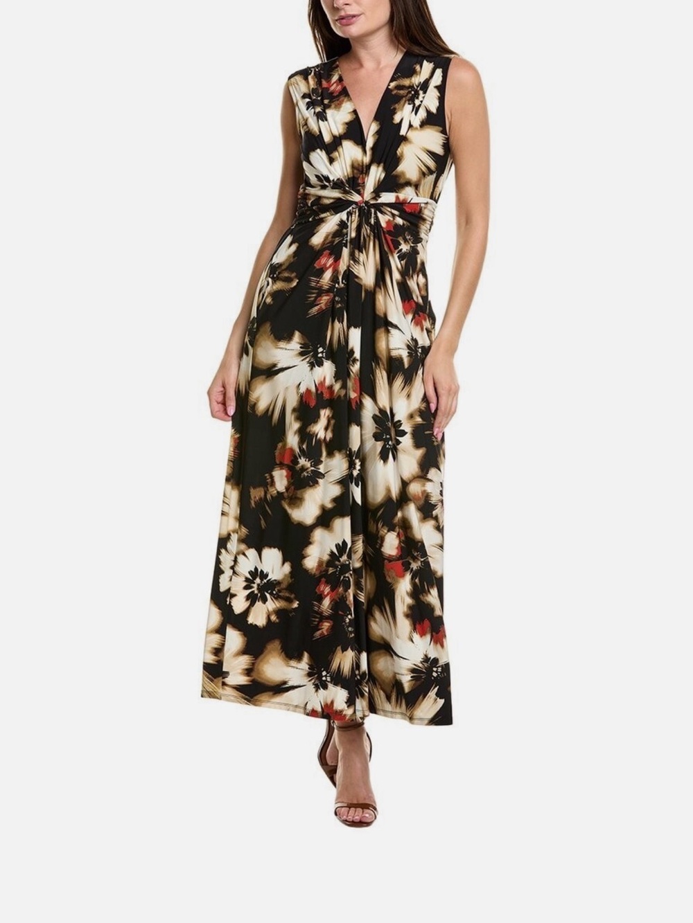 Anne Klein Sleeveless Black/White/Tan/Red Abstract Floral Twist-Front Maxi Dress